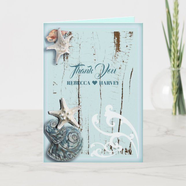 beach aqua blue seashell wedding thank you (Front)