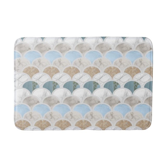 beach aqua blue white marble pastel mermaid scales bath mat (Front)