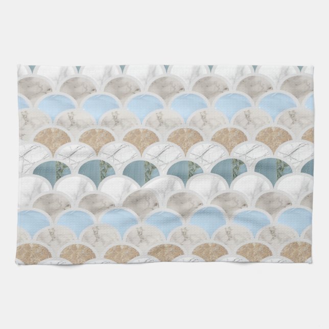 beach aqua blue white marble pastel mermaid scales kitchen towel (Horizontal)