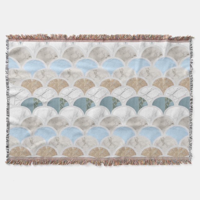 beach aqua blue white marble pastel mermaid scales throw blanket (Front)