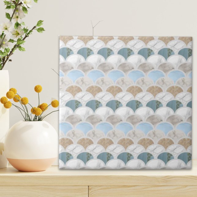 beach aqua blue white marble pastel mermaid scales tile (beach aqua blue white marble pastel mermaid scales ceramic tile)