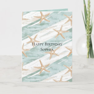 Beach Aqua Mint Starfish Stripes Birthday Card
