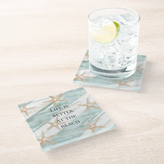 Beach Aqua Mint Starfish Stripes Wedding Glass Coaster (Angled)