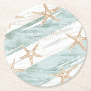 Beach Aqua Mint Starfish Stripes Wedding Round Paper Coaster