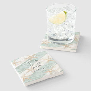 Beach Aqua Mint Starfish Stripes Wedding Stone Coaster