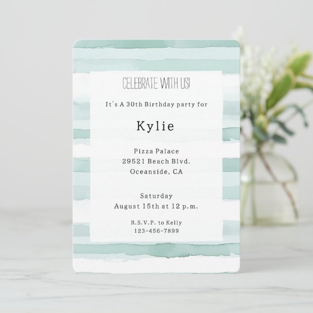 Beach Aqua Mint Stripes Birthday   Invitation (Standing Front)