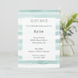 Beach Aqua Mint Stripes Birthday Invitation