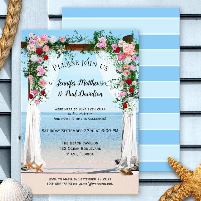 Beach Arbor avec Faire-part de mariage de poste Ro (After wedding elopement party invitation featuring an image of an arbor with roses at the beach)