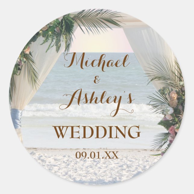Beach Arbor Rose Tropical Leaves Sunset Wedding Classic Round Sticker (Front)