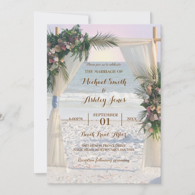 Beach Arbor Rose Tropical Leaves Sunset Wedding Invitation (Front)
