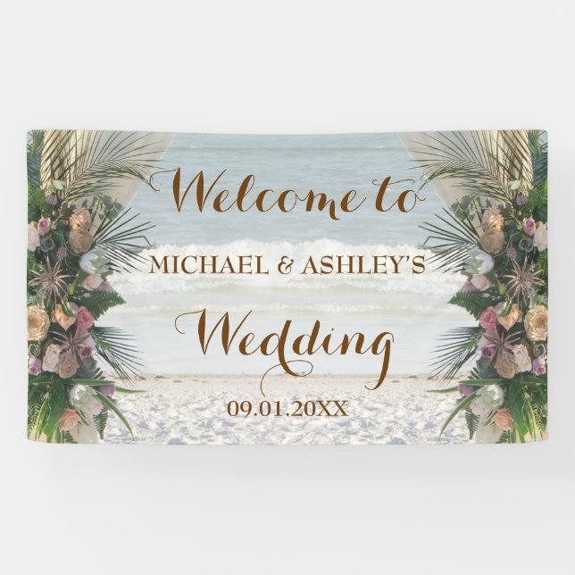 Beach Arbor Rose Tropical Sunset Wedding Backdrop Banner (Horizontal)