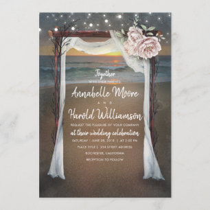 Beach Arch   Sea Sunset   String Lights Wedding Invitation