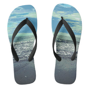 Beach Art Abstract Ocean Sea Blue Grey Teal Cool Flip Flops