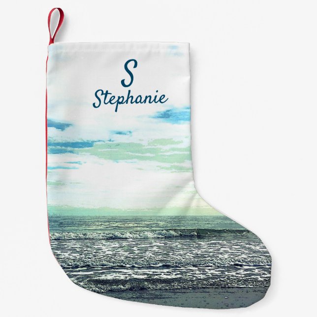Beach Artistic Ocean Sea Blue Monogram Initial Small Christmas Stocking (Front)