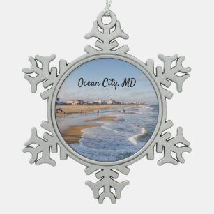Beach at Ocean City, Maryland Snowflake Pewter Christmas Ornament