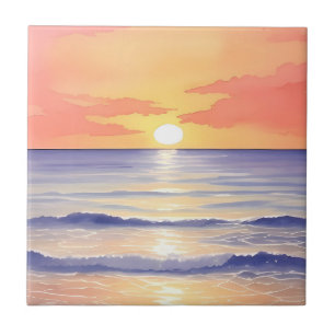Beach at Sunset Ocean Wave Watercolor Painting Tile