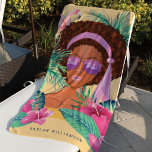 Beach Babe African Beauty Tropical Palm & Flamingo Beach Towel<br><div class="desc">Vibrant and stylish hand-painted retro-style African American beach babe beauty, tropical palm leaves, pink hibiscus florals, and flamingo. "Beach Babe is designed in a stylish script font and beautifully incorporated into the girl's stylish sunglasses. All illustrations contained in this beach beauty tropical beach towel are hand-drawn original artwork by Moodthology....</div>