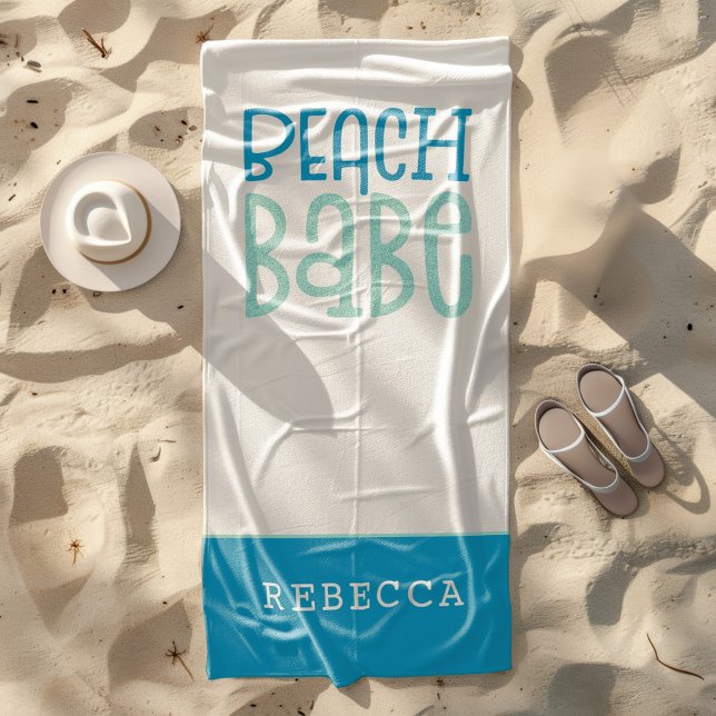 Beach Babe Funky Typography Name Teal White Towel (Creator Uploaded)