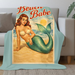 Beach Babe Pin-Up Mermaid Art Retro Coastal Teal Fleece Blanket