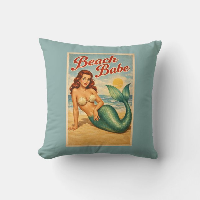Beach Babe Pin-Up Mermaid Retro Coastal Life Blue Throw Pillow (Front)