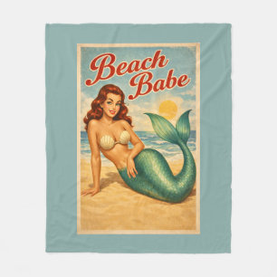 Beach Babe Pin-Up Mermaid -Retro Coastal Life Teal Fleece Blanket