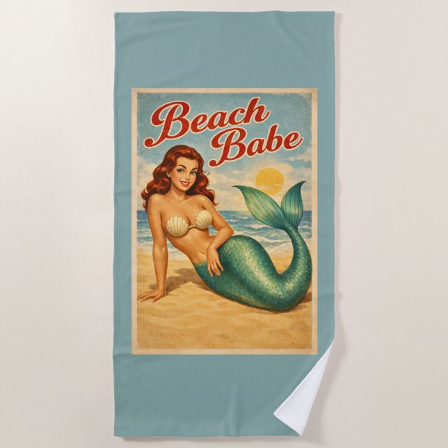 Beach Babe Pin-Up Mermaid -Retro Coastal Life Teal Towel (Front)