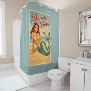 Beach Babe Pin-Up Mermaid -Retro Coastal Teal Blue