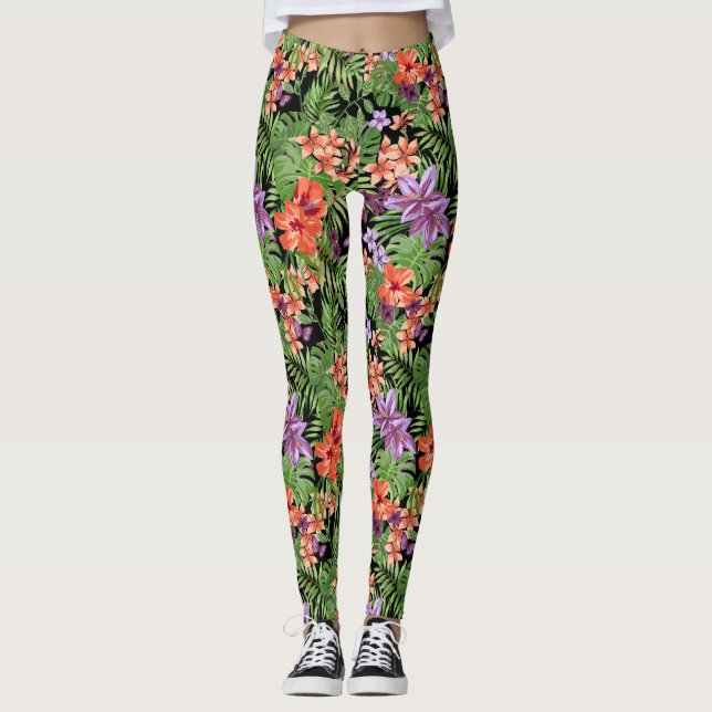 Beach Babe Tropical Leggings with  black backgroud (Front)