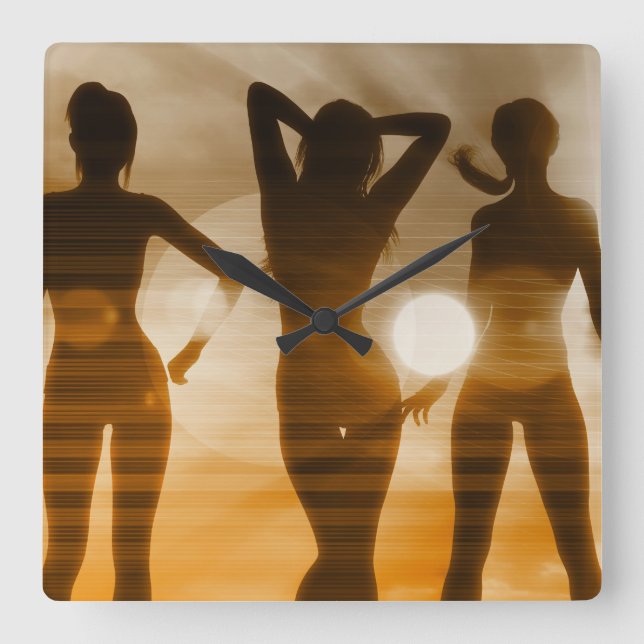 Beach Babes Sunset Silhouette Enjoying the Sun Square Wall Clock (Front)
