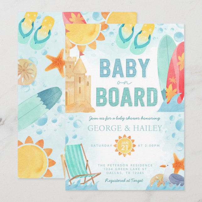 Beach Baby à bord Invitation Baby shower (Devant / Derrière)