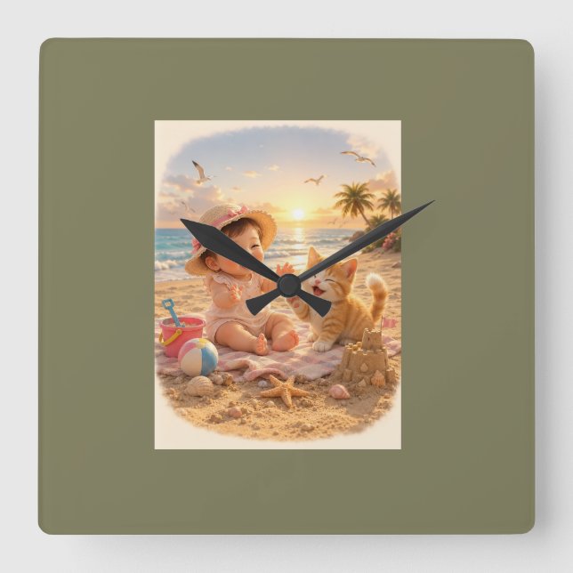 Beach Baby and Kitten Sandcastle Joy Square Wall Clock (Front)