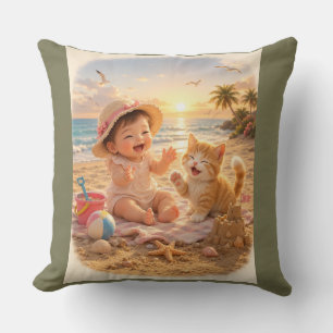 Beach Baby and Kitten Sandcastle Joy Throw Pillow