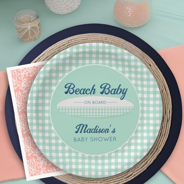 Beach Baby on Board Navy Mint Gingham Baby Shower Paper Plate (Creator Uploaded)