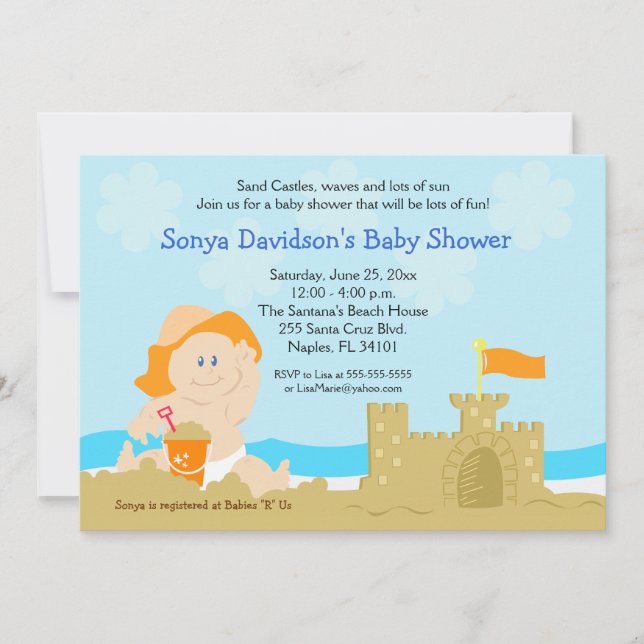 Beach Baby Sand Castle Orange Baby Shower 5x7 Invitation (Front)