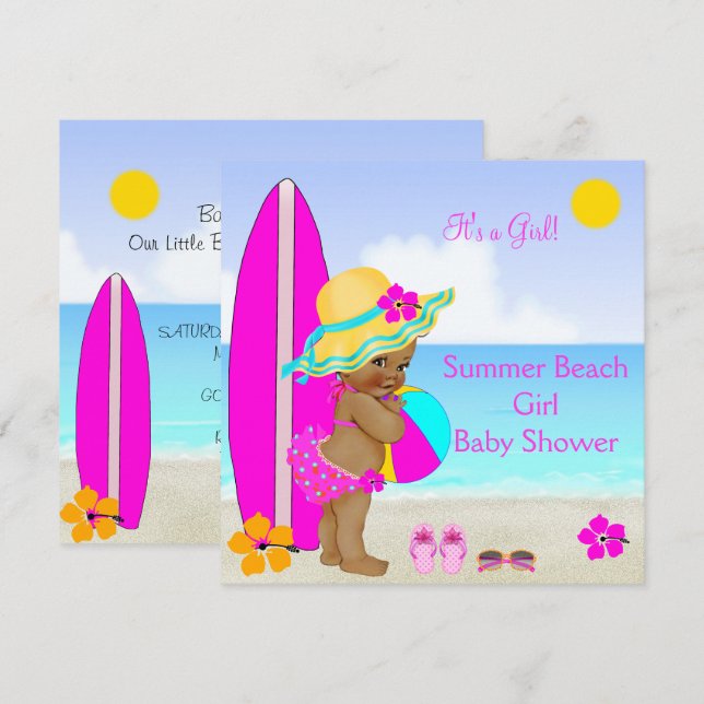 Beach Baby Shower Girl Pink Teal Blue Ethnic Invitation (Front/Back)