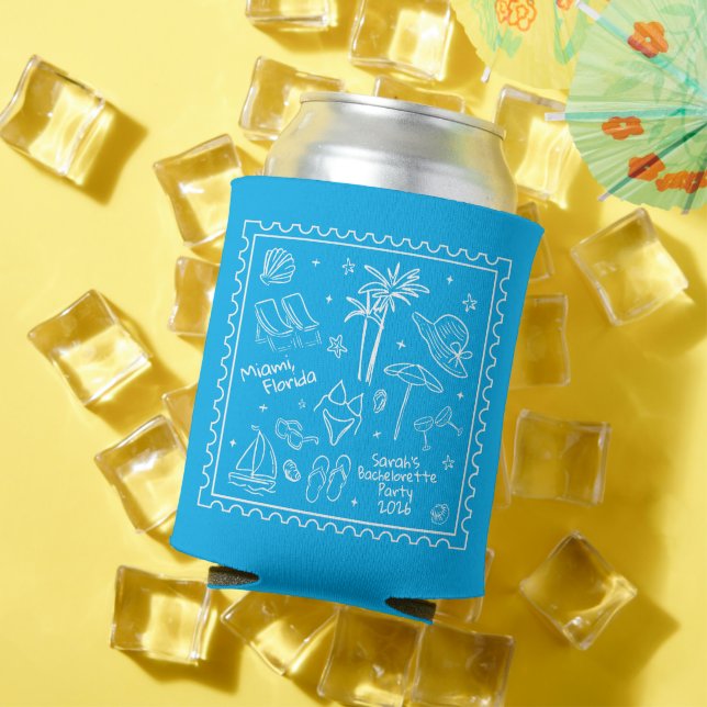 Beach Bachelorette Can Cooler – Retro Beach Design (In Situ Summer)