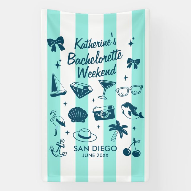 Beach Bachelorette Party Aqua Blue Stripes Custom Banner (Vertical)