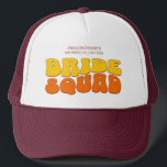 Beach Bachelorette Party Bride Squad Bridesmaid Trucker Hat<br><div class="desc">Make a splash at your upcoming bachelorette party with this stunning retro bachelorette party personalized merchandise. Whether you're celebrating a bach trip, a girls' vacation, or a best friends' holiday, this custom groovy bachelorette party merchandise is the perfect addition to your unforgettable getaway. Add a personal touch to your bachelorette...</div>