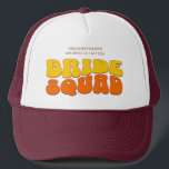 Beach Bachelorette Party Bride Squad Bridesmaid Trucker Hat<br><div class="desc">Make a splash at your upcoming bachelorette party with this stunning retro bachelorette party personalized merchandise. Whether you're celebrating a bach trip, a girls' vacation, or a best friends' holiday, this custom groovy bachelorette party merchandise is the perfect addition to your unforgettable getaway. Add a personal touch to your bachelorette...</div>