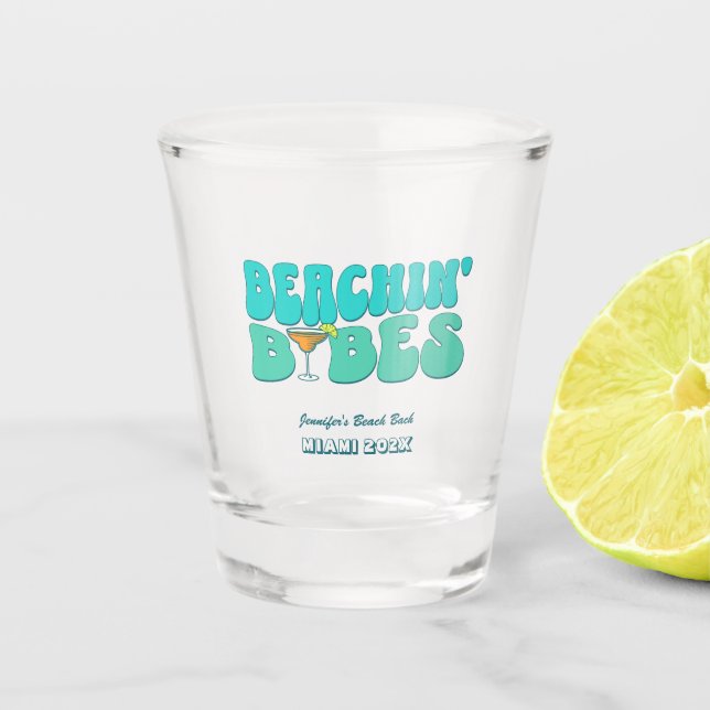 Beach Bachelorette Party Groovy Beachin Babes Shot Glass (Front)