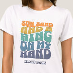 Beach Bachelorette Party Groovy Retro Beach Bride T-Shirt<br><div class="desc">Make a splash at your upcoming bachelorette party with this stunning beach bachelorette party personalized t-shirts. Whether you're celebrating a bach trip, a girls' vacation, or a best friends' holiday, this custom beach bachelorette party t-shirts are the perfect addition to your unforgettable getaway. Add a personal touch to your bachelorette...</div>