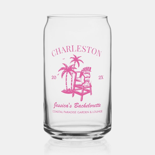 Beach Bachelorette Party Pink Custom Bridesmaid Can Glass (Front)