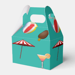 Beach balls, ice cream and cocktail on green favor box