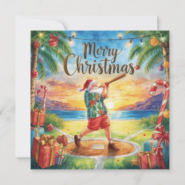 Beach Baseball Christmas with Santa Claus Holiday Card (Front)