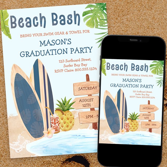 Beach Bash Graduation Party Surfboard Invitation (Creator Uploaded)