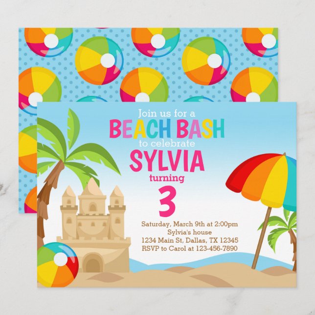 Beach Bash Invitation de fête d'anniversaire (Devant / Derrière)