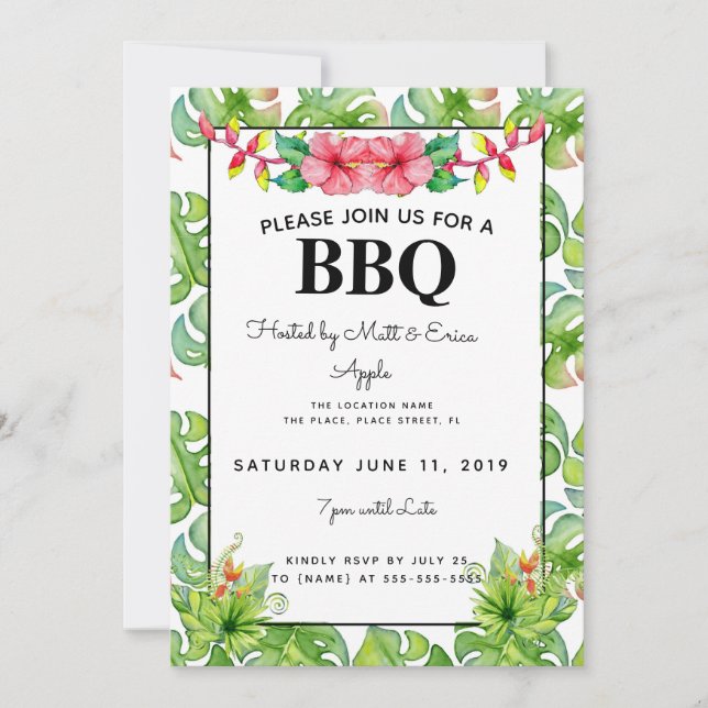 Beach BBQ Party, Barbecue tropical leaves Invitation (Front)