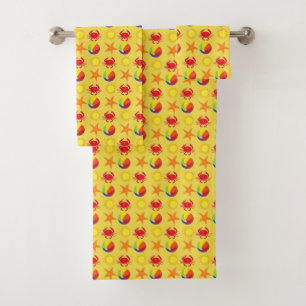 Beach Beachball Crab Sun Starfish Summer Yellow Bath Towel Set