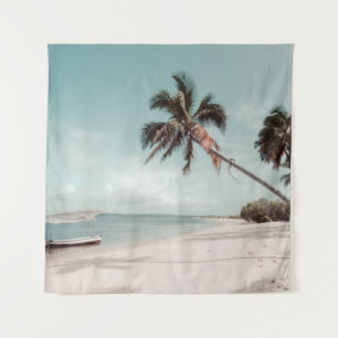Beach beside coconut palm tree tapestry