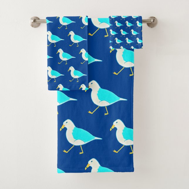 Beach Bird Art Blue Seagulls Bath Towel Set (Insitu)